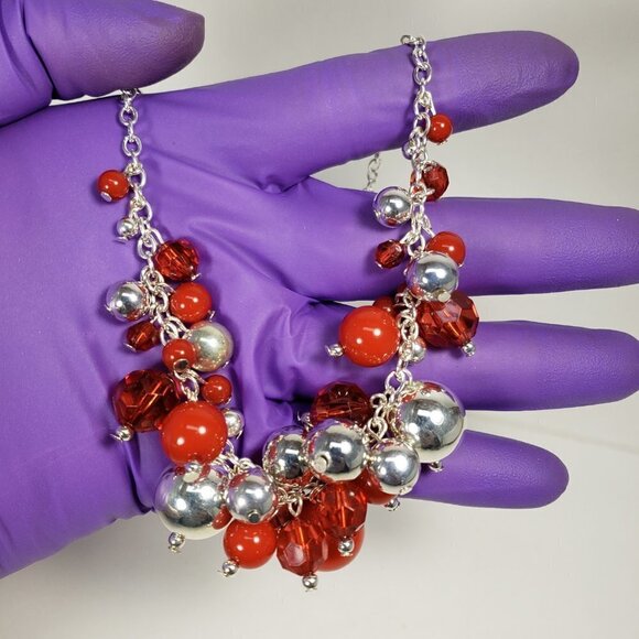 Polished Silver Necklace – Red Bead Cluster & Elegant Drop Design for Women,18" - Picture 5 of 7